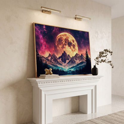 Giant Moon Over Snowy Forest and River, Surreal Night Sky Canvas Art in white oak floating frame