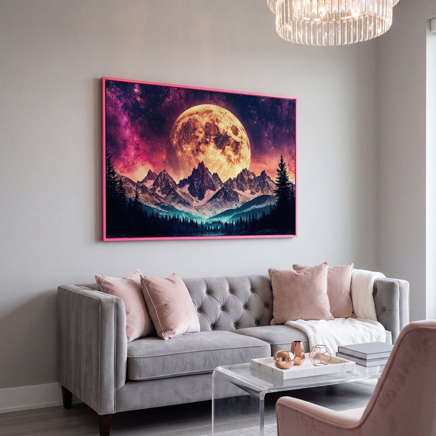 Giant Moon Over Snowy Forest and River, Surreal Night Sky Canvas Art in pink floating frame