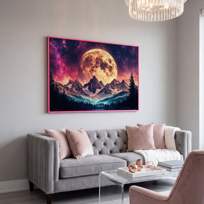 Giant Moon Over Snowy Forest and River, Surreal Night Sky Canvas Art in pink floating frame