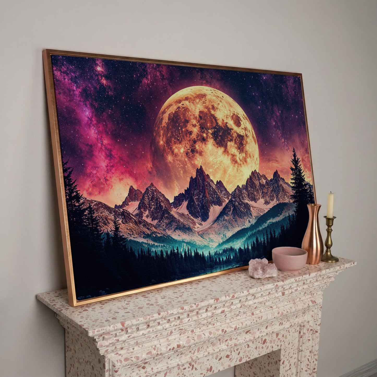 Giant Moon Over Snowy Forest and River, Surreal Night Sky Canvas Art in rose gold floating frame