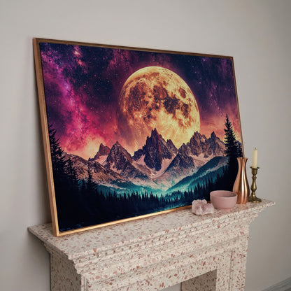 Giant Moon Over Snowy Forest and River, Surreal Night Sky Canvas Art in rose gold floating frame