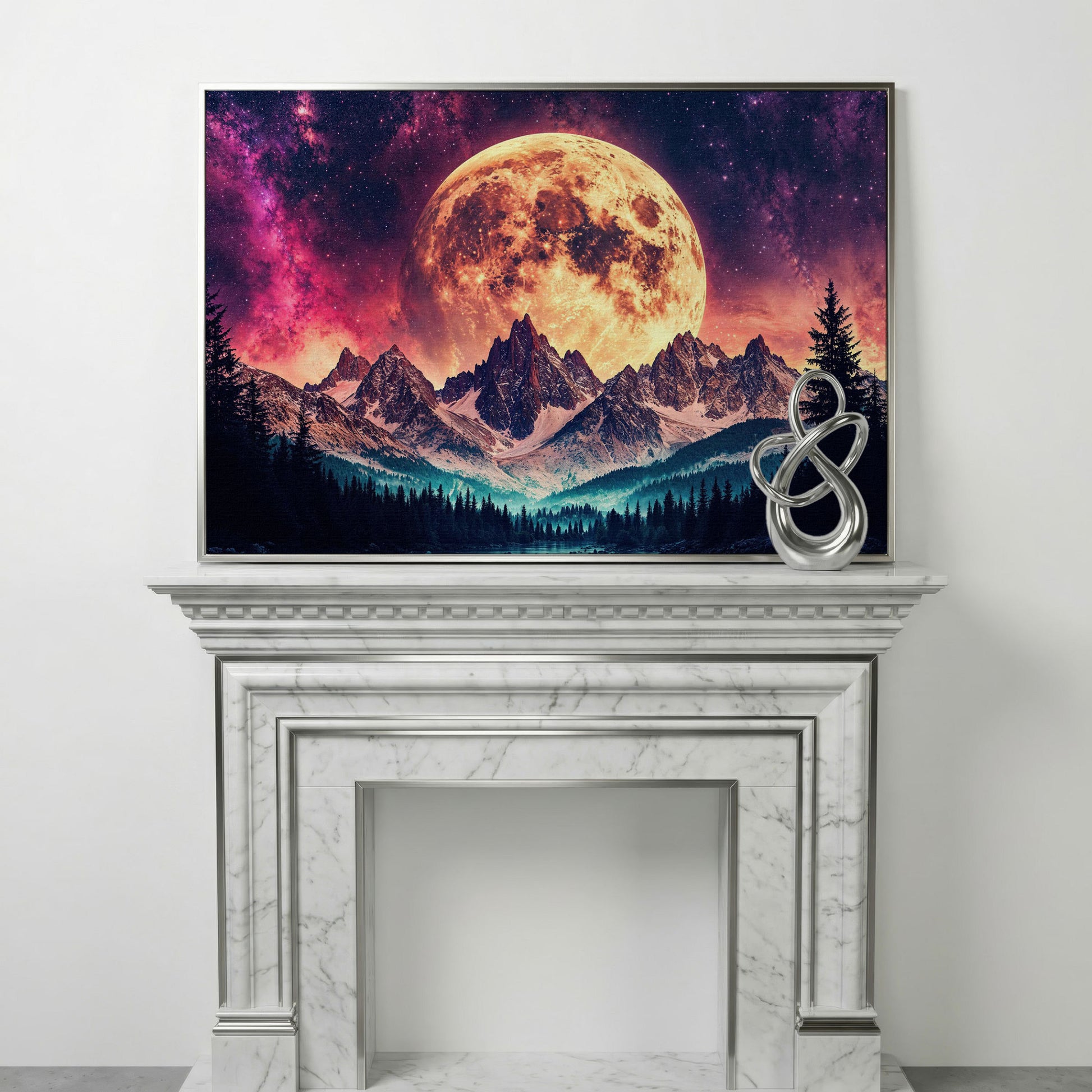 Giant Moon Over Snowy Forest and River, Surreal Night Sky Canvas Art in silver floating frame