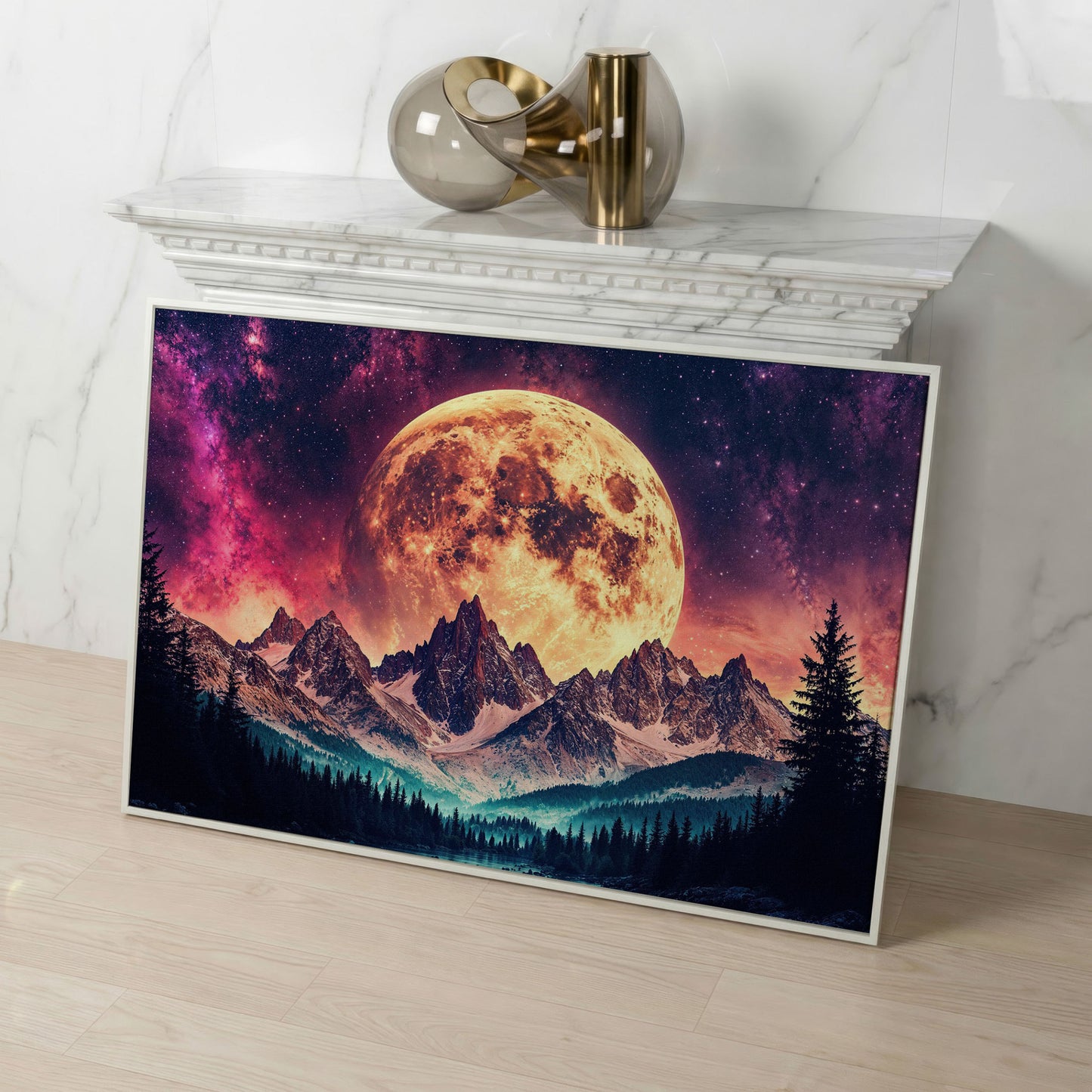 Giant Moon Over Snowy Forest and River, Surreal Night Sky Canvas Art in white floating frame
