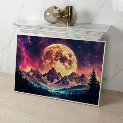 Giant Moon Over Snowy Forest and River, Surreal Night Sky Canvas Art in white floating frame