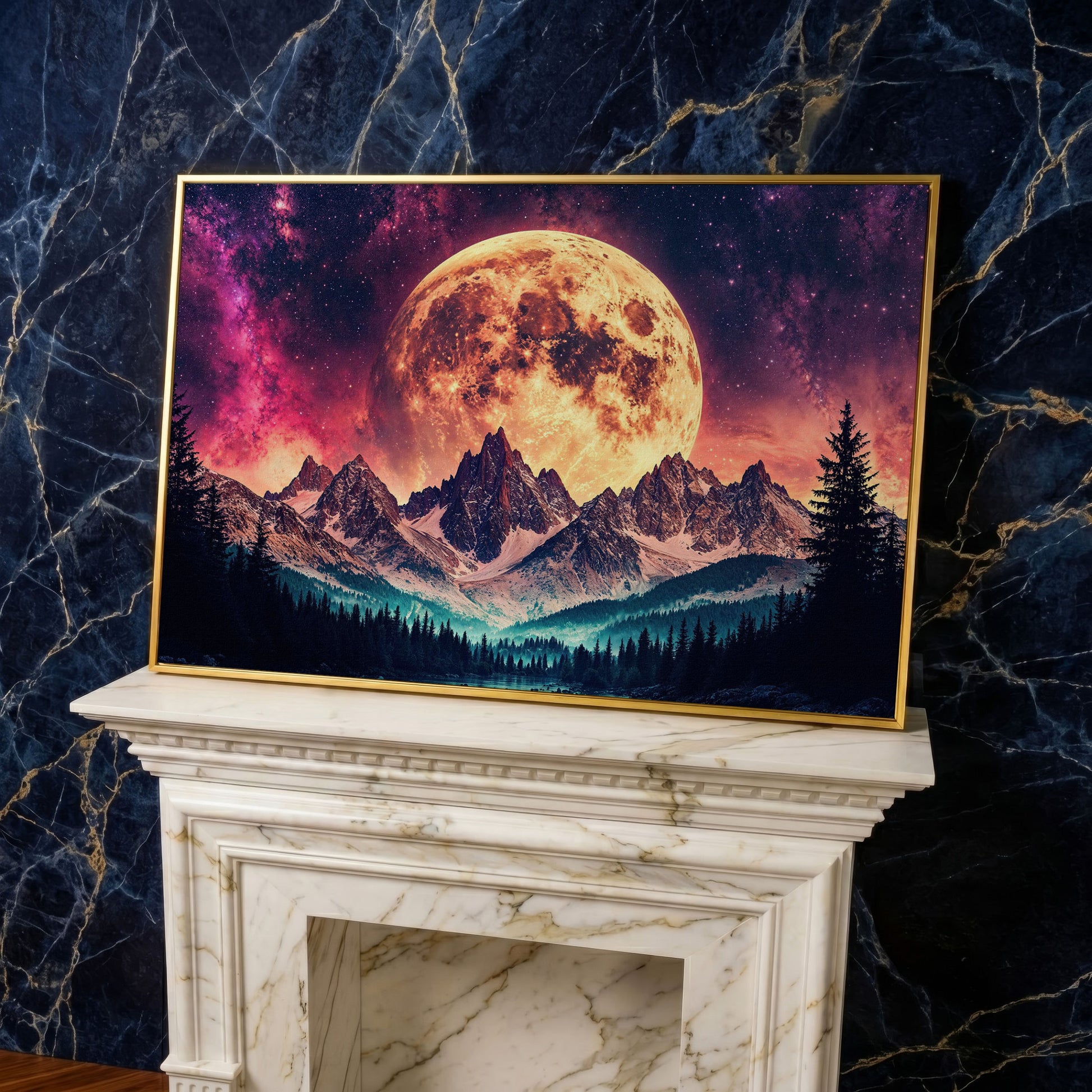 Giant Moon Over Snowy Forest and River, Surreal Night Sky Canvas Art in yellow gold floating frame