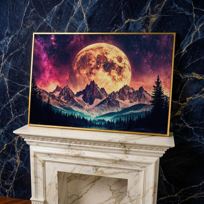 Giant Moon Over Snowy Forest and River, Surreal Night Sky Canvas Art in yellow gold floating frame