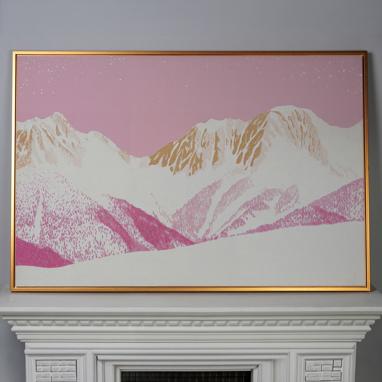 Snowy Mountain Landscape Canvas in Pink and Gold in antique gold floating frame