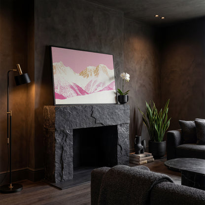Snowy Mountain Landscape Canvas in Pink and Gold in black floating frame