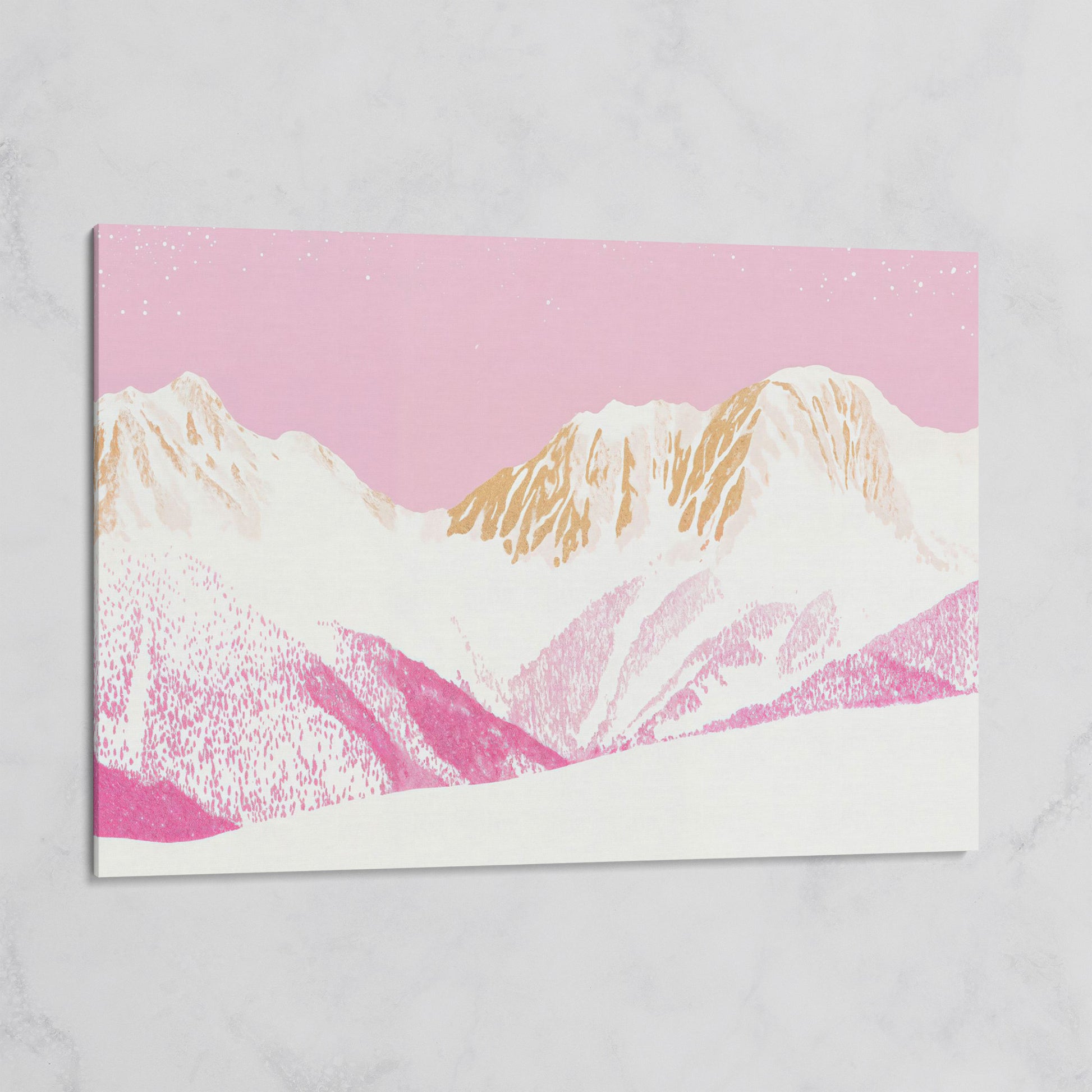 Snowy Mountain Landscape Canvas in Pink and Gold on gallery wrap