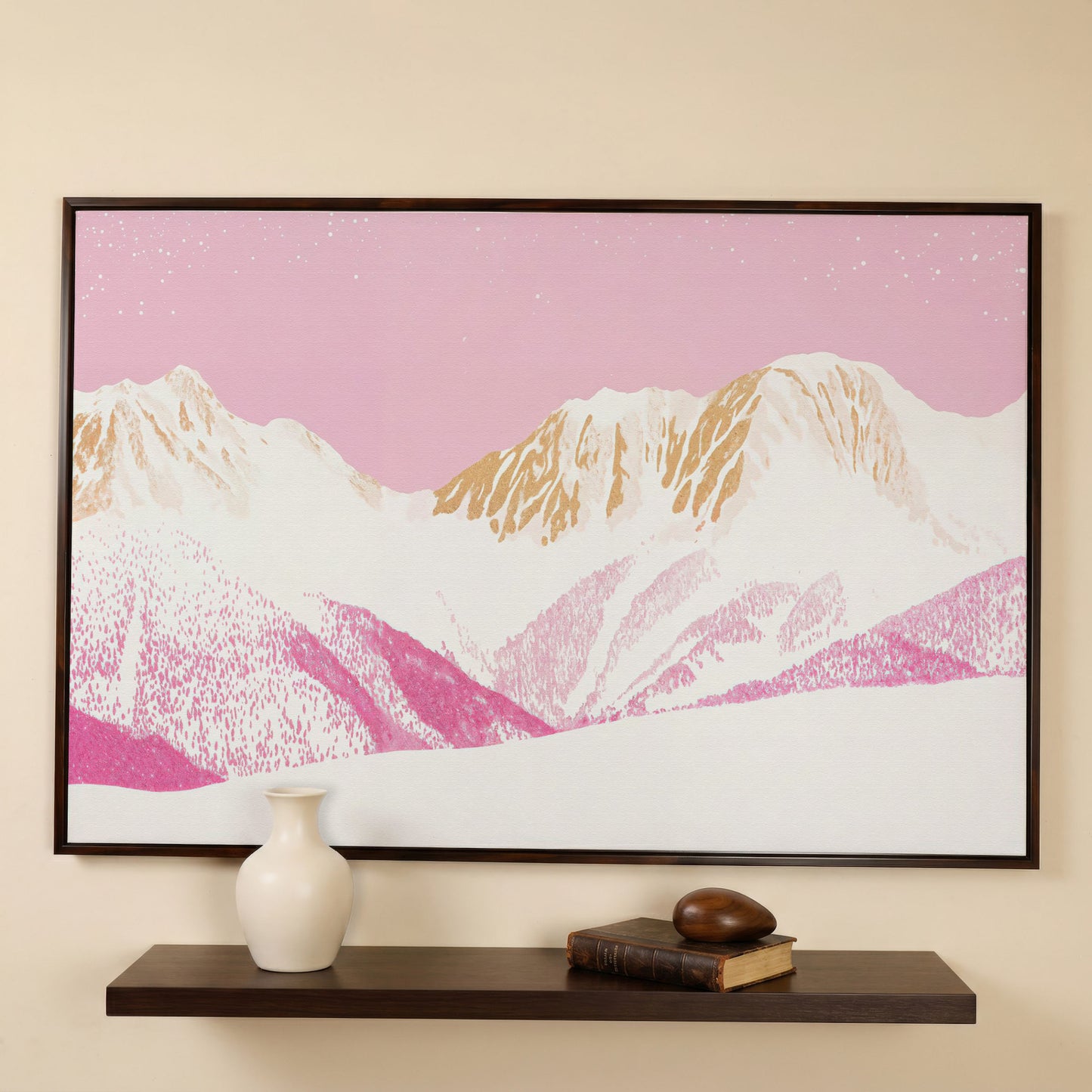 Snowy Mountain Landscape Canvas in Pink and Gold in dark walnut floating frame