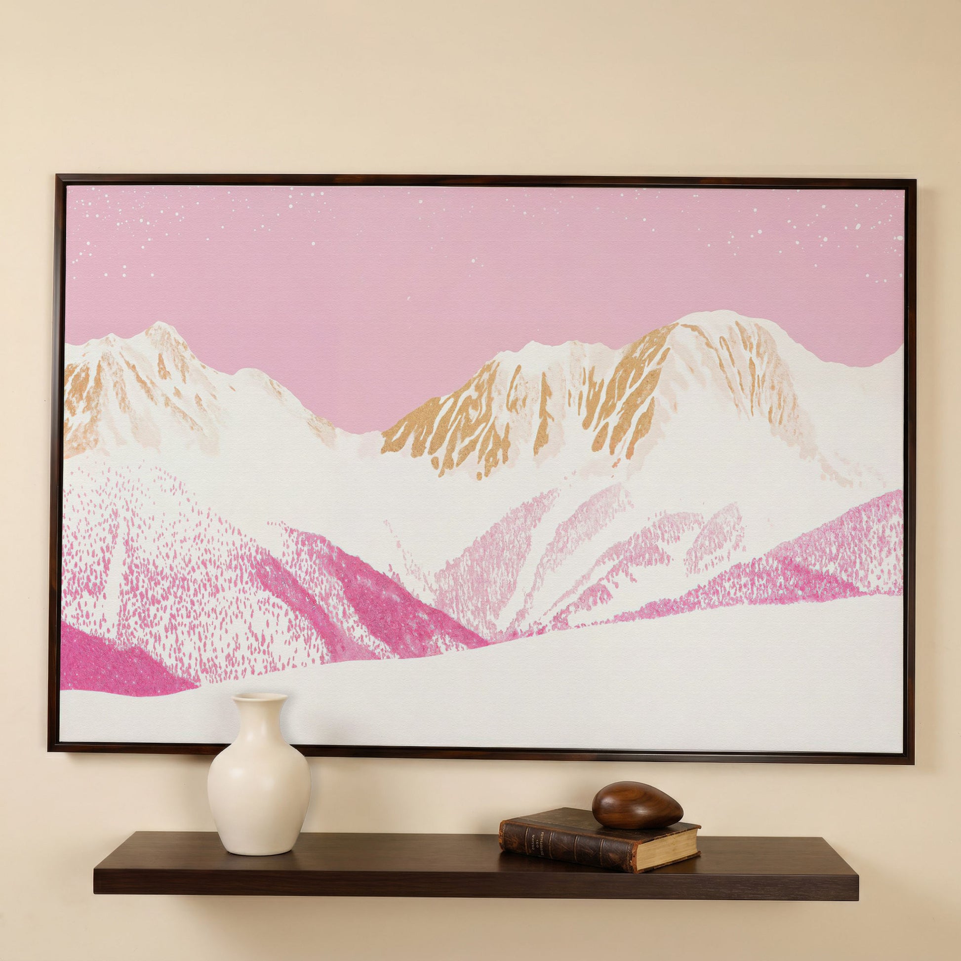 Snowy Mountain Landscape Canvas in Pink and Gold in dark walnut floating frame