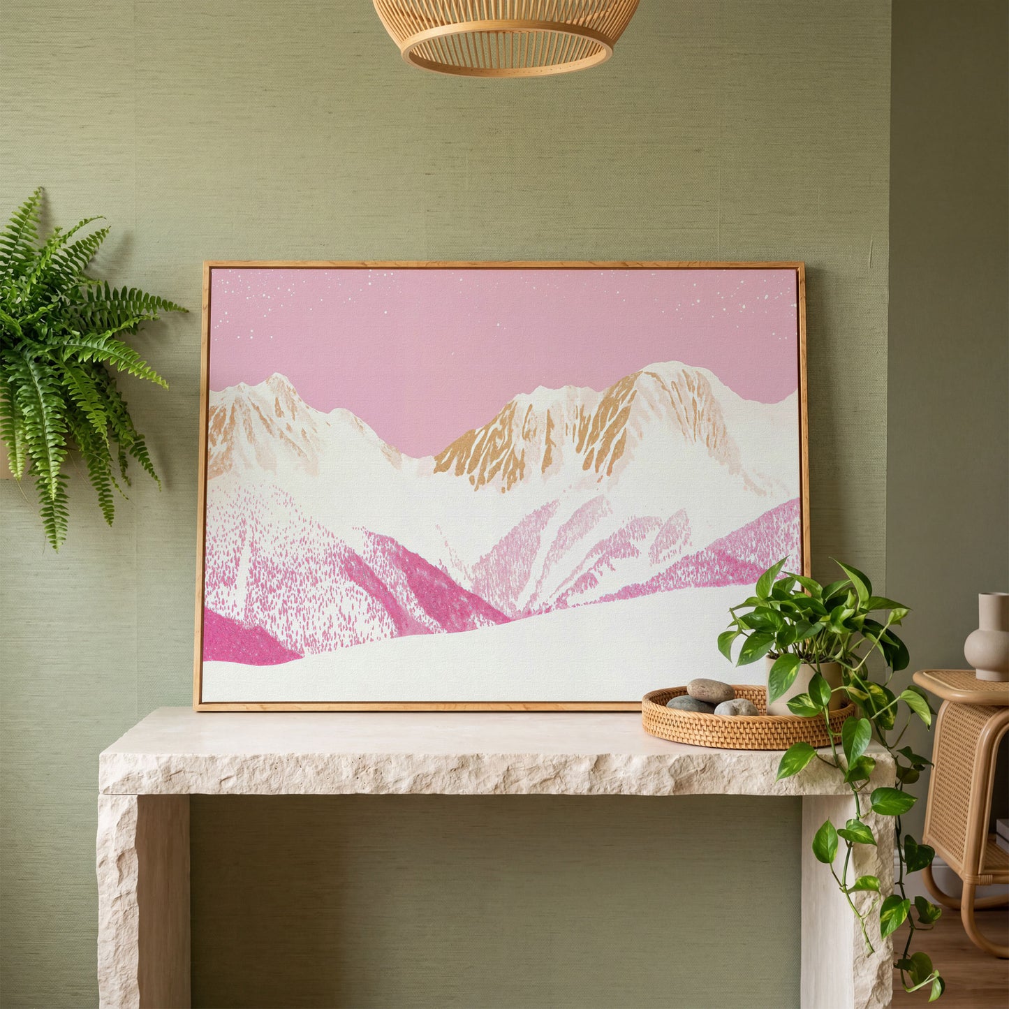 Snowy Mountain Landscape Canvas in Pink and Gold in white oak floating frame