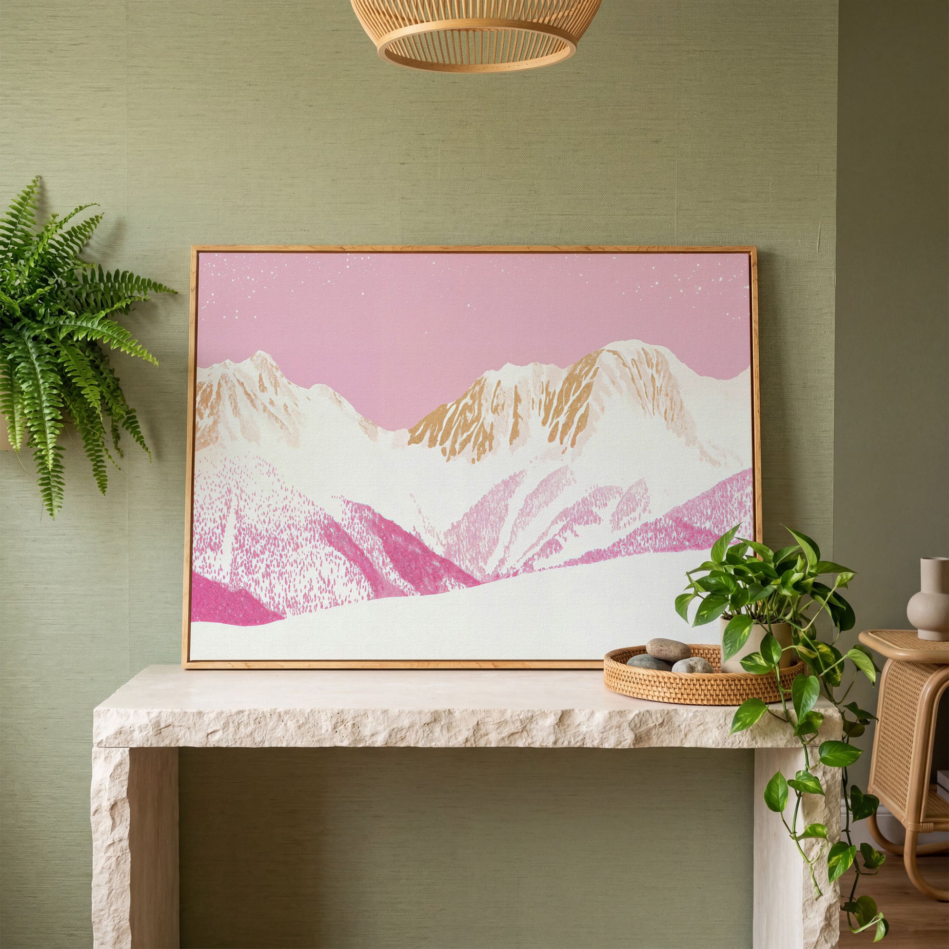 Snowy Mountain Landscape Canvas in Pink and Gold in white oak floating frame