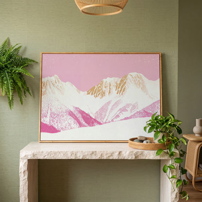 Snowy Mountain Landscape Canvas in Pink and Gold in white oak floating frame