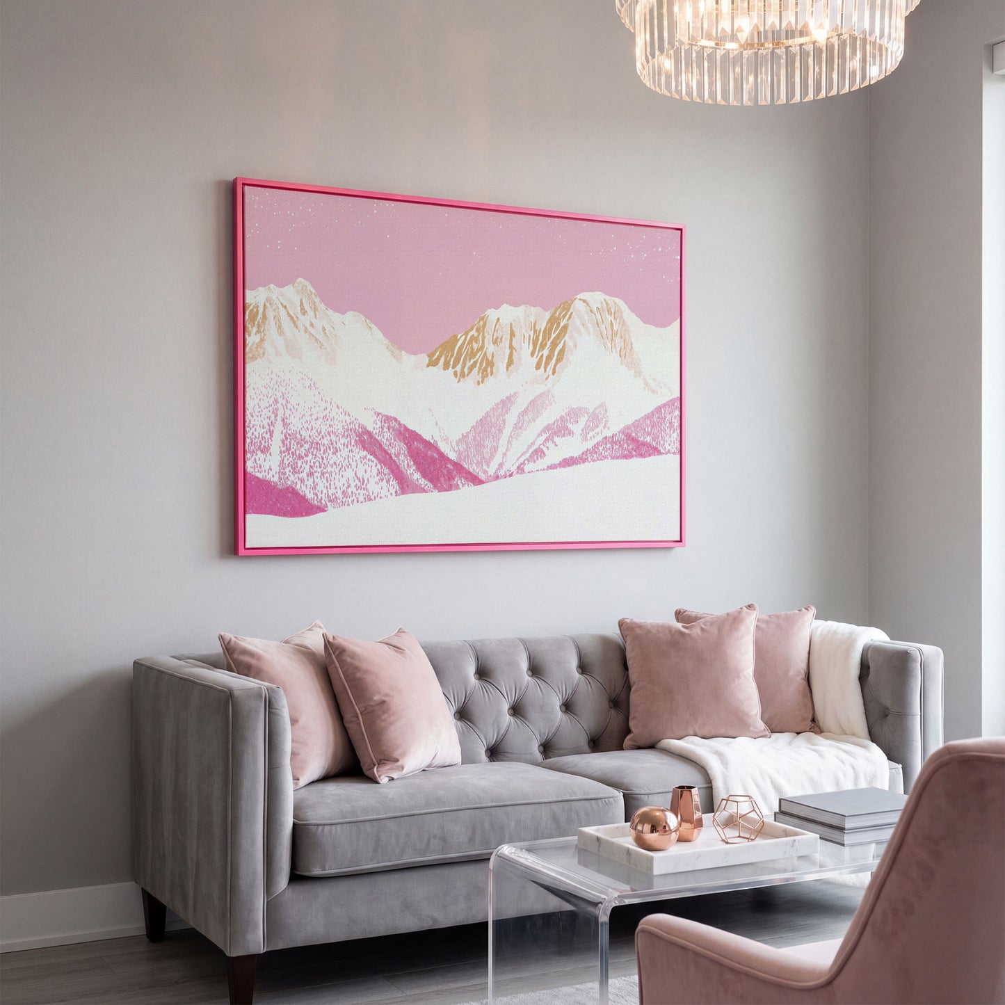 Snowy Mountain Landscape Canvas in Pink and Gold in pink floating frame