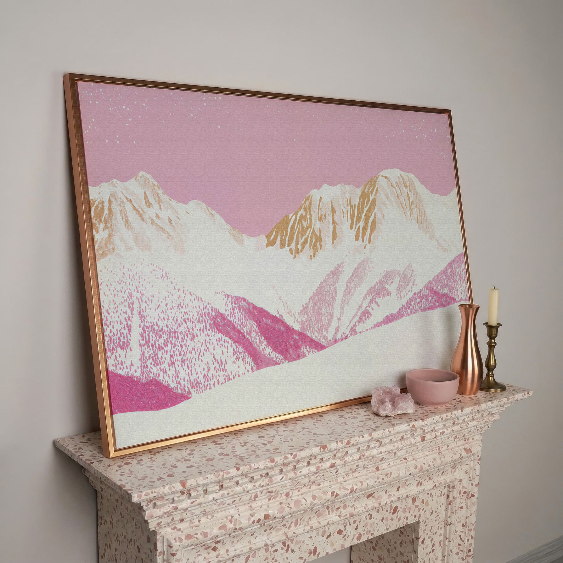 Snowy Mountain Landscape Canvas in Pink and Gold in rose gold floating frame