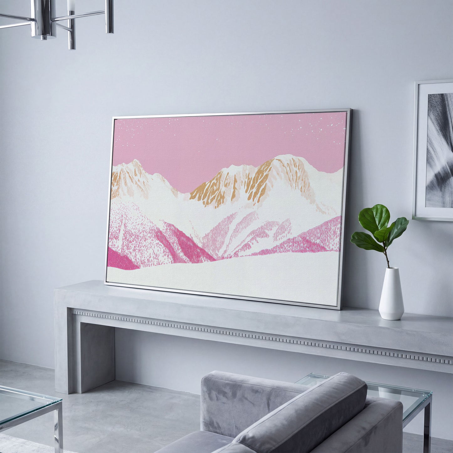 Snowy Mountain Landscape Canvas in Pink and Gold in silver floating frame