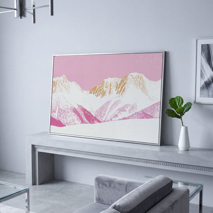 Snowy Mountain Landscape Canvas in Pink and Gold in silver floating frame