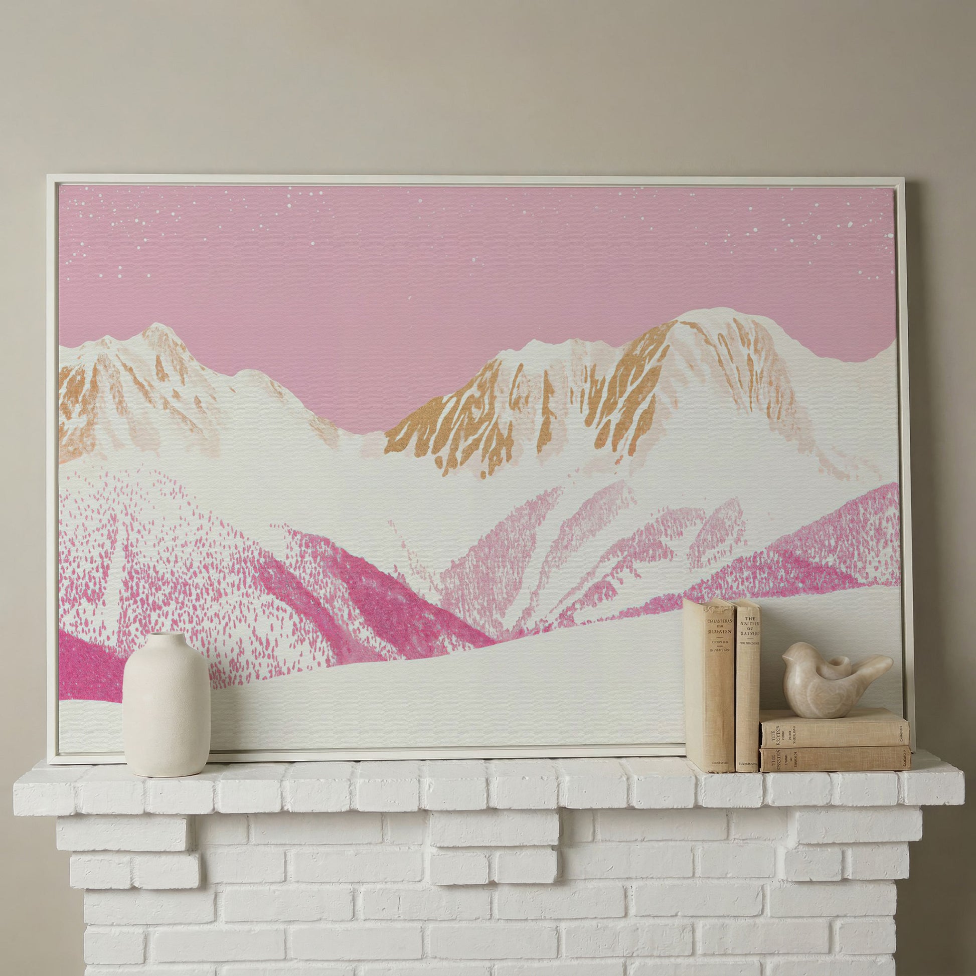 Snowy Mountain Landscape Canvas in Pink and Gold in white floating frame