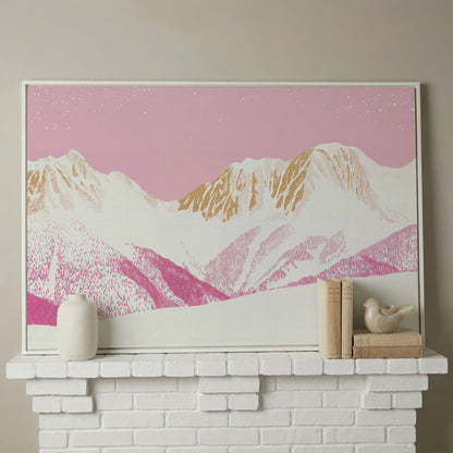 Snowy Mountain Landscape Canvas in Pink and Gold in white floating frame