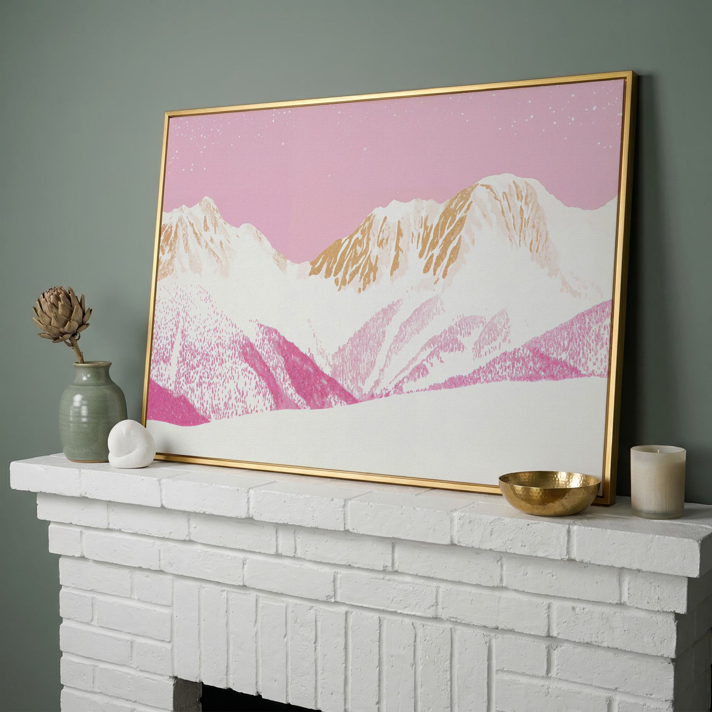 Snowy Mountain Landscape Canvas in Pink and Gold in yellow gold floating frame