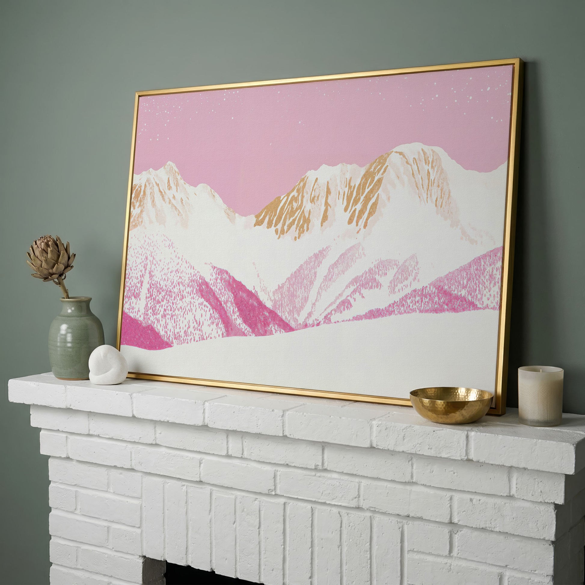 Snowy Mountain Landscape Canvas in Pink and Gold in yellow gold floating frame