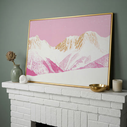 Snowy Mountain Landscape Canvas in Pink and Gold in yellow gold floating frame
