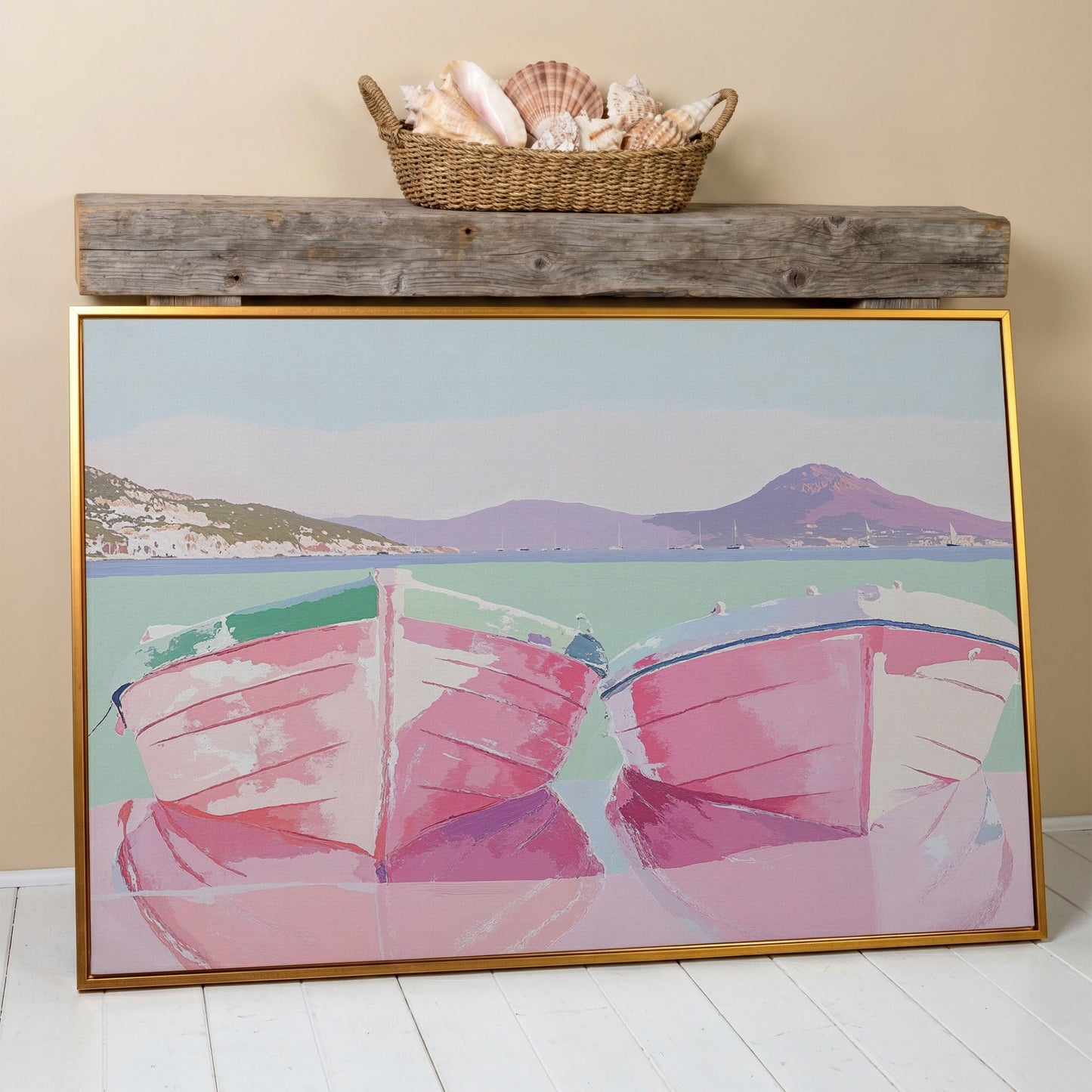 Pink Sailboats on Water Canvas Print in antique gold floating frame