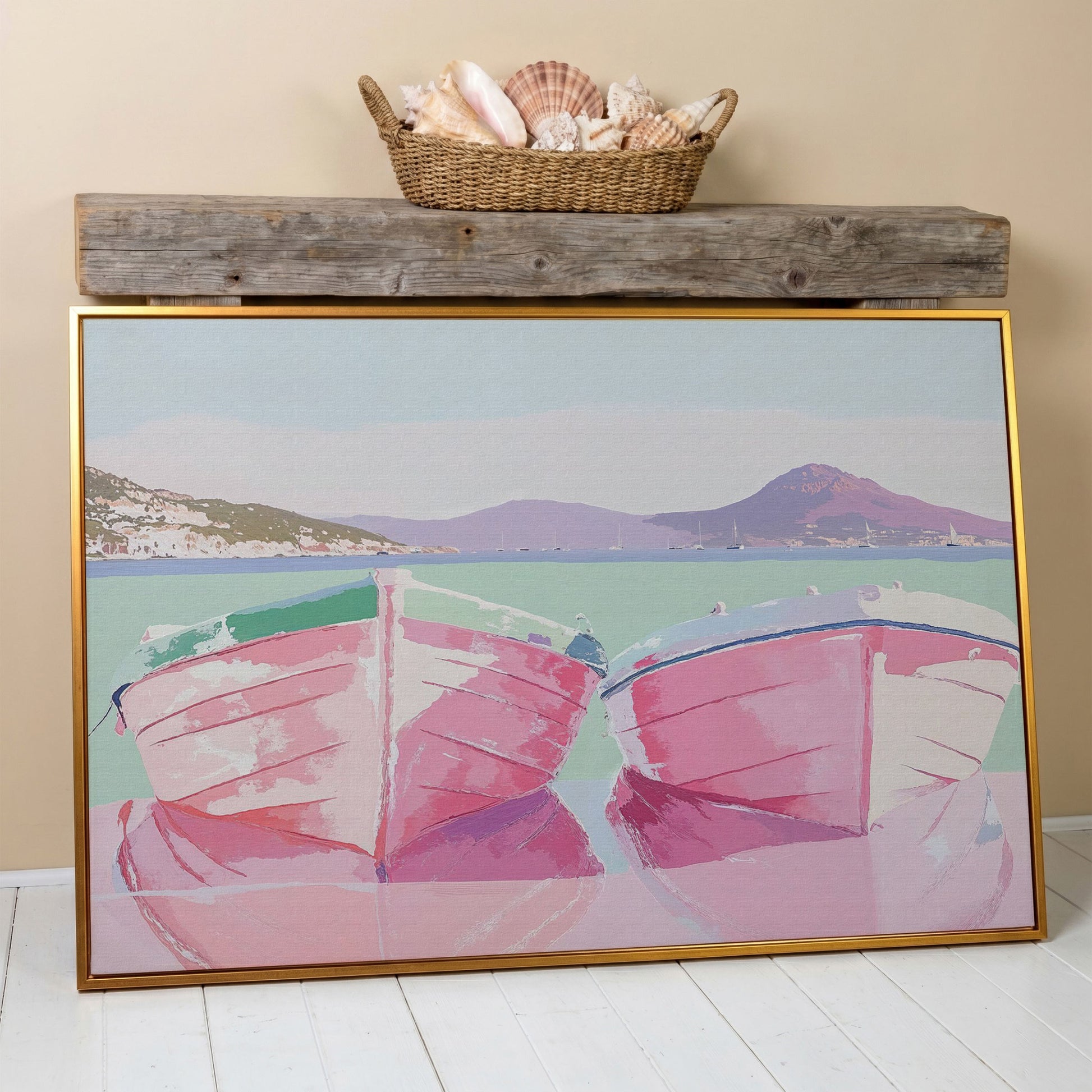Pink Sailboats on Water Canvas Print in antique gold floating frame