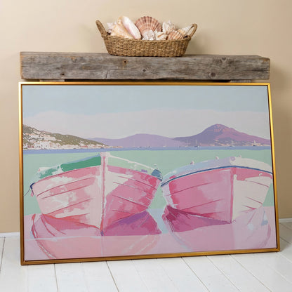 Pink Sailboats on Water Canvas Print in antique gold floating frame