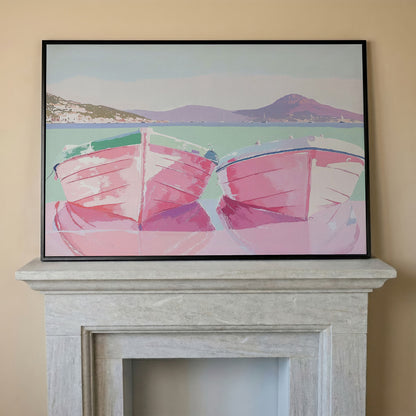 Pink Sailboats on Water Canvas Print in black floating frame