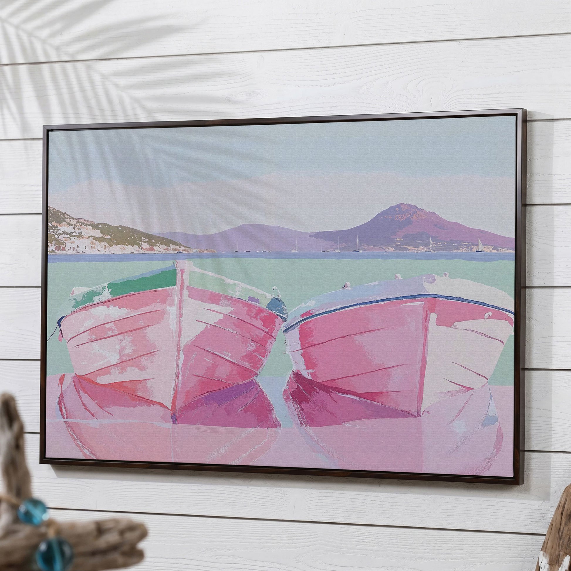 Pink Sailboats on Water Canvas Print in dark walnut floating frame