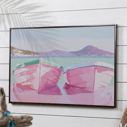 Pink Sailboats on Water Canvas Print in dark walnut floating frame