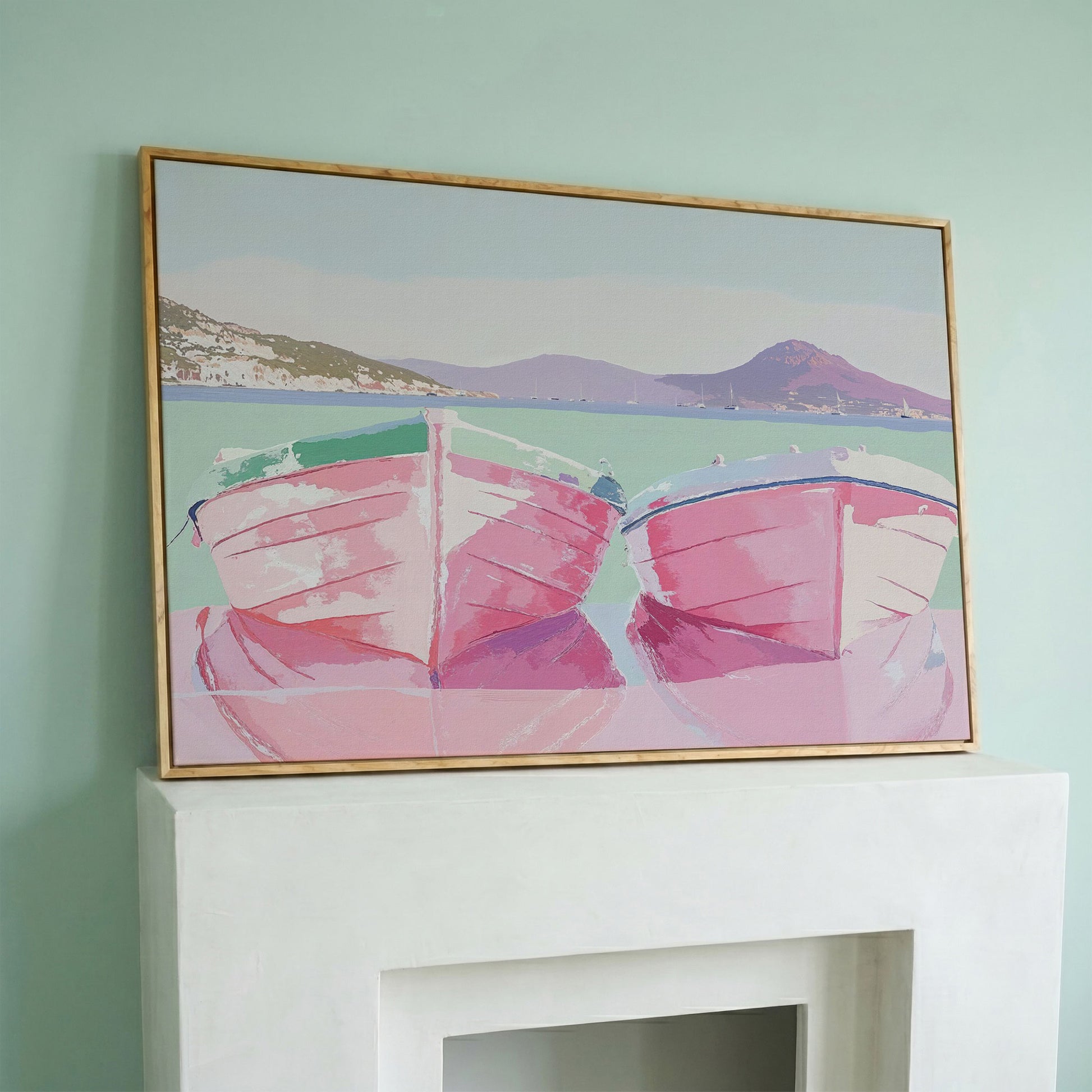 Pink Sailboats on Water Canvas Print in white oak floating frame