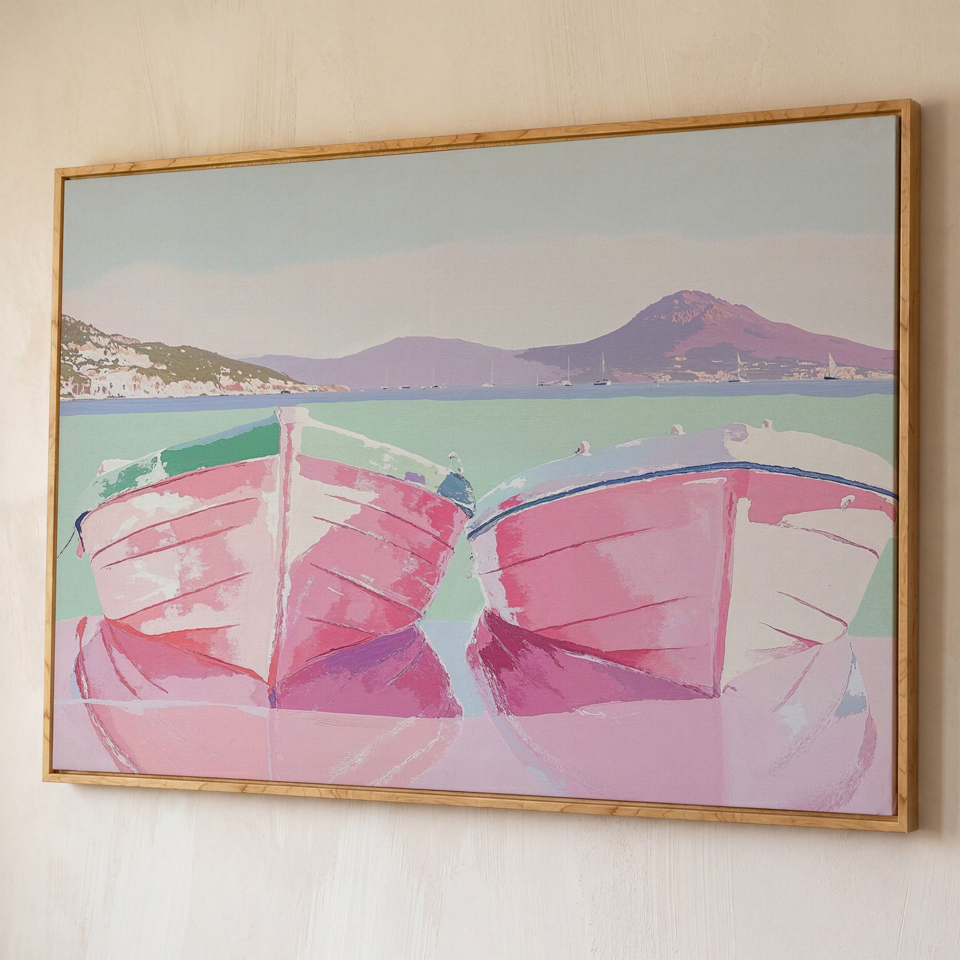 Pink Sailboats on Water Canvas Print shown in white oak floating frame