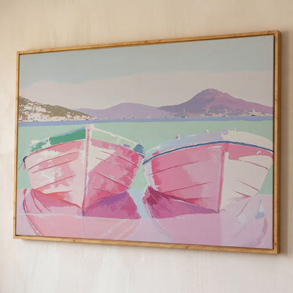 Pink Sailboats on Water Canvas Print shown in white oak floating frame