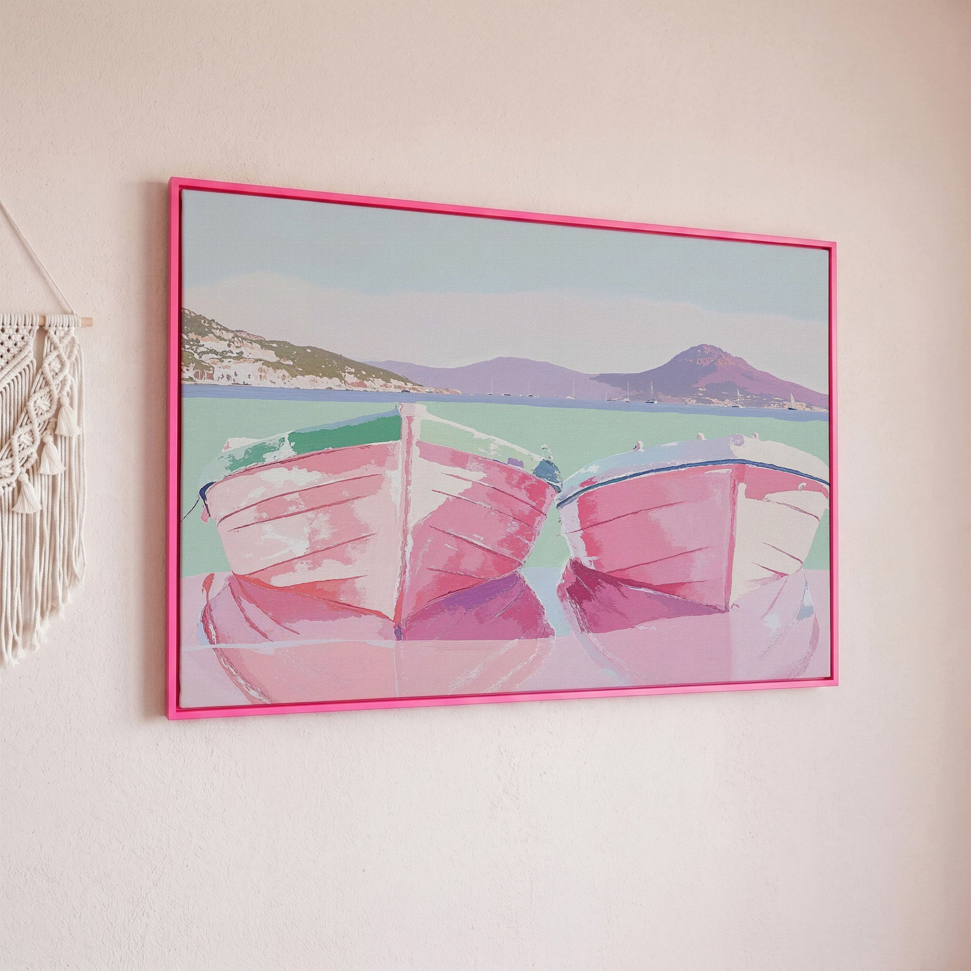 Pink Sailboats on Water Canvas Print in pink floating frame