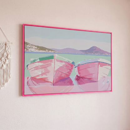 Pink Sailboats on Water Canvas Print in pink floating frame