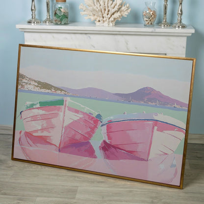 Pink Sailboats on Water Canvas Print in rose gold floating frame