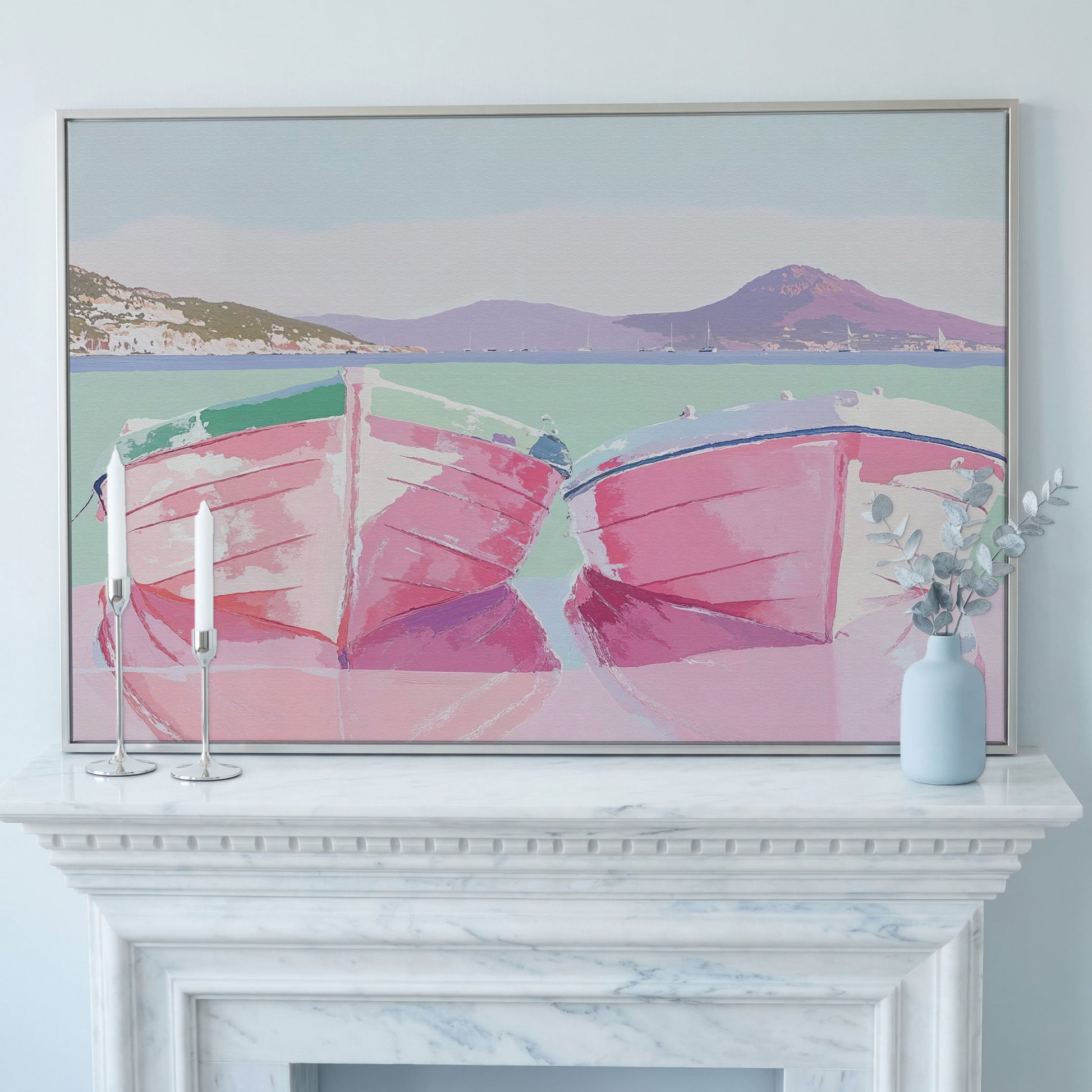 Pink Sailboats on Water Canvas Print in silver floating frame