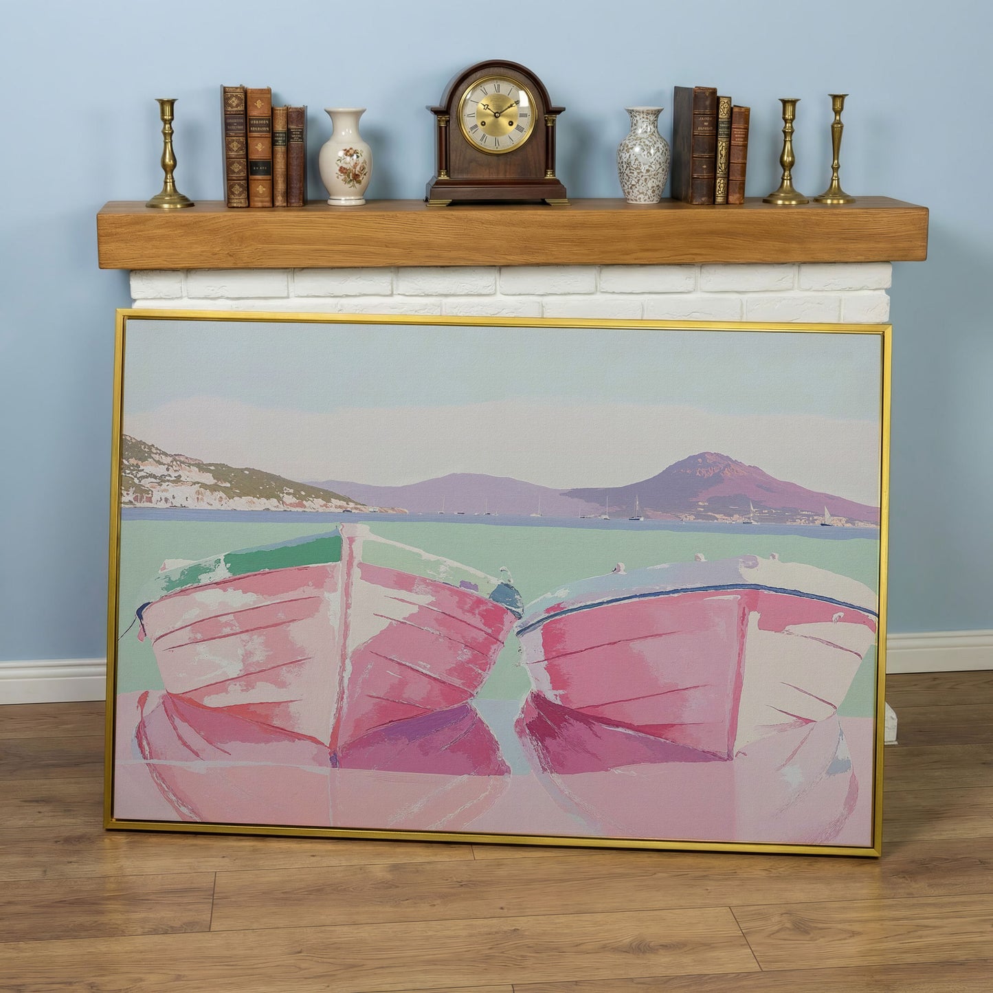 Pink Sailboats on Water Canvas Print in yellow gold floating frame