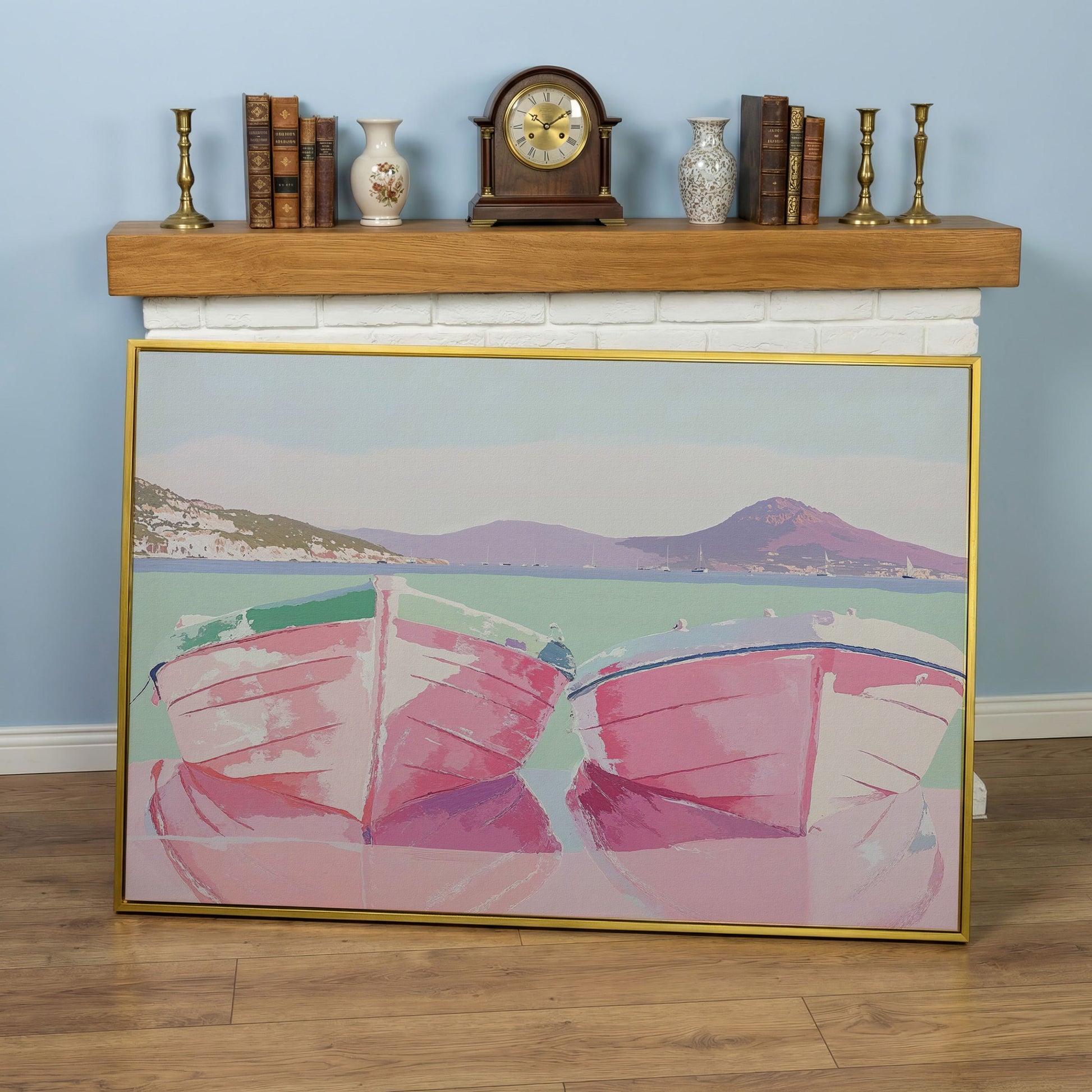 Pink Sailboats on Water Canvas Print in yellow gold floating frame