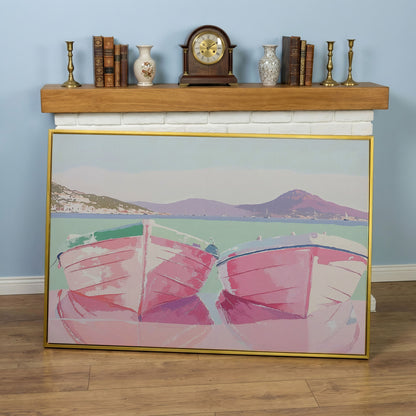 Pink Sailboats on Water Canvas Print in yellow gold floating frame
