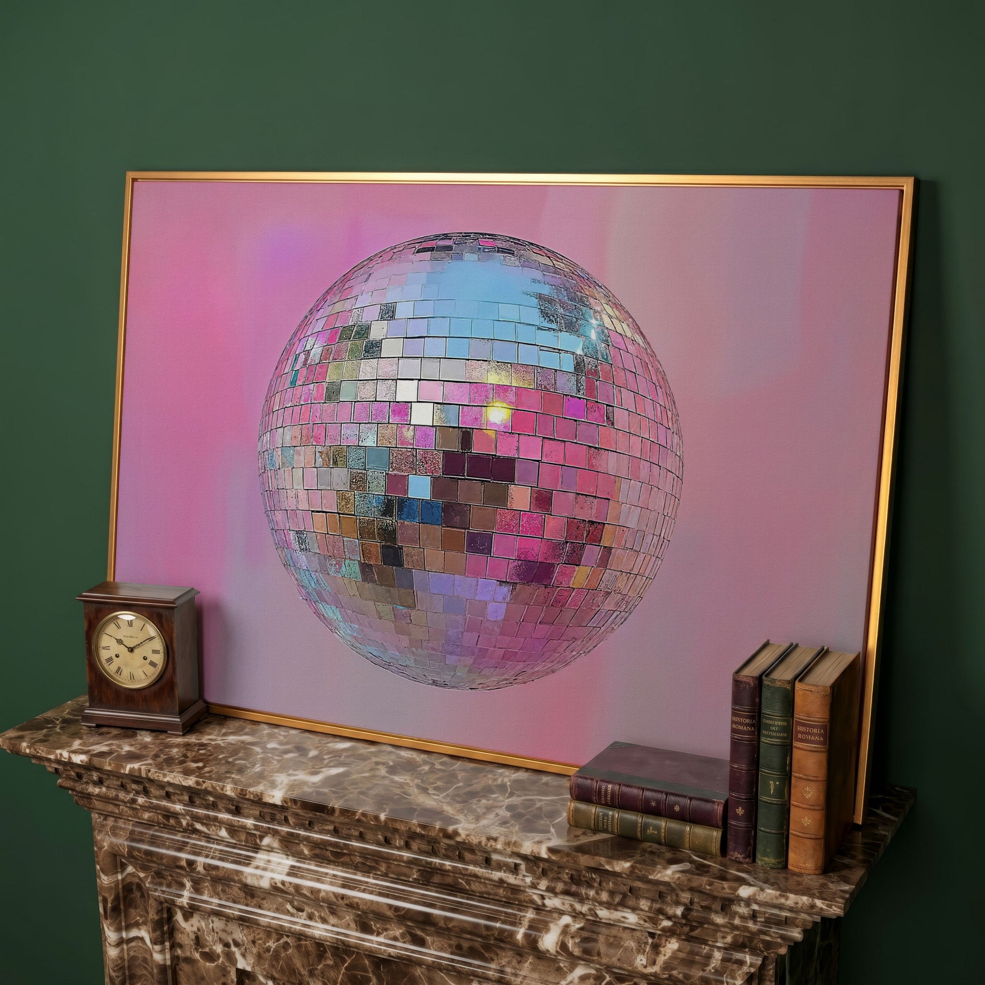 Pink Disco Ball Abstract Canvas in antique gold floating frame