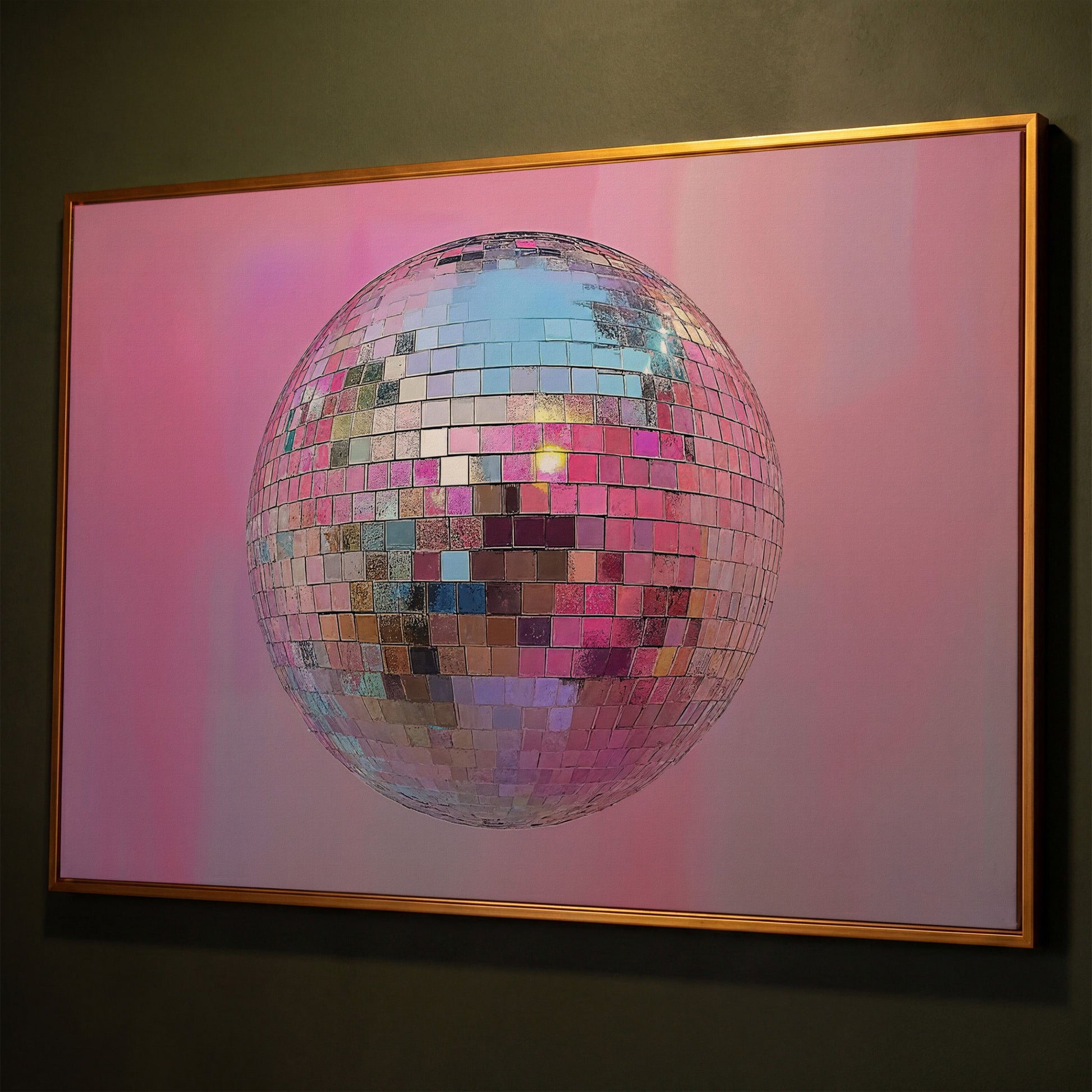 Pink Disco Ball Abstract Canvas shown in antique gold floating frame