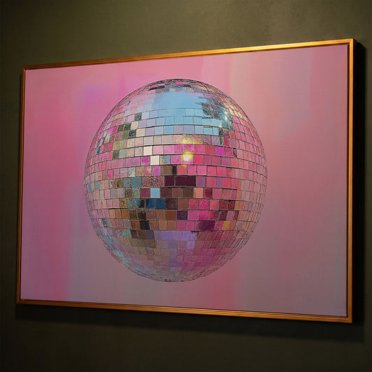 Pink Disco Ball Abstract Canvas shown in antique gold floating frame