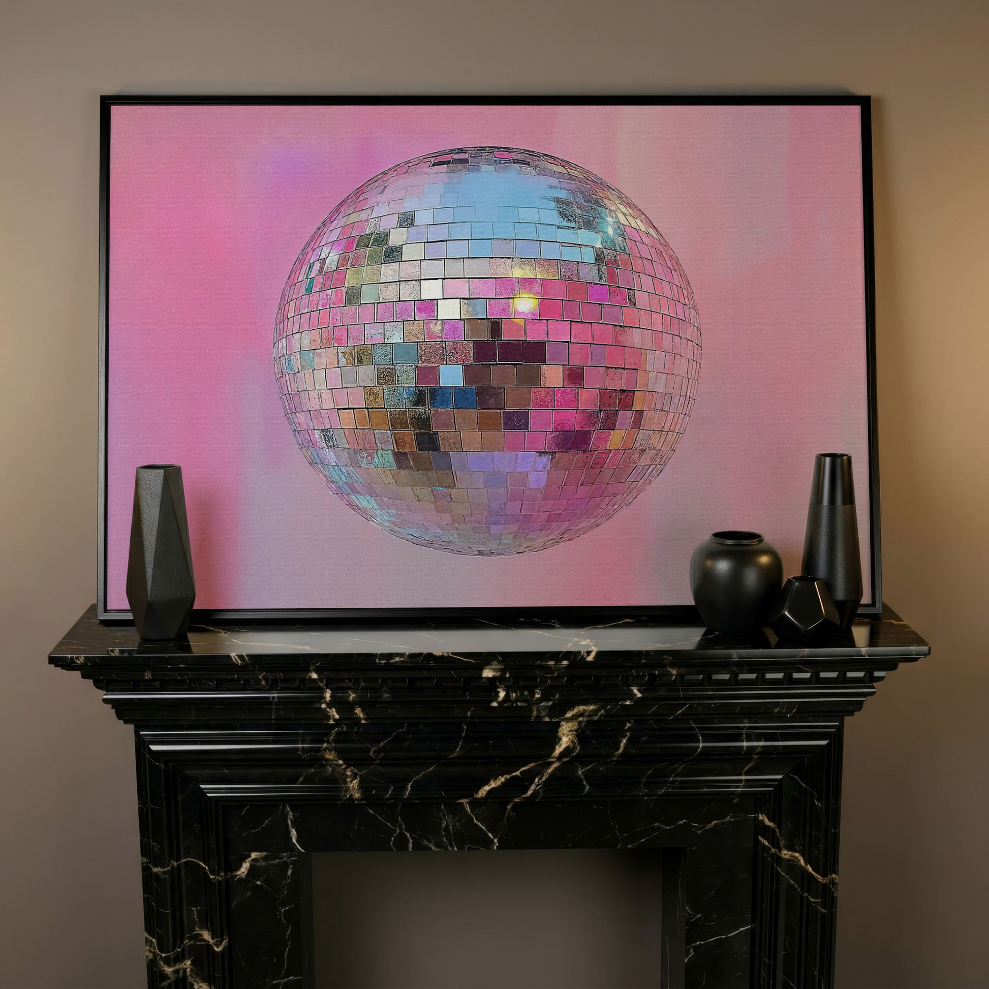 Pink Disco Ball Abstract Canvas in black floating frame