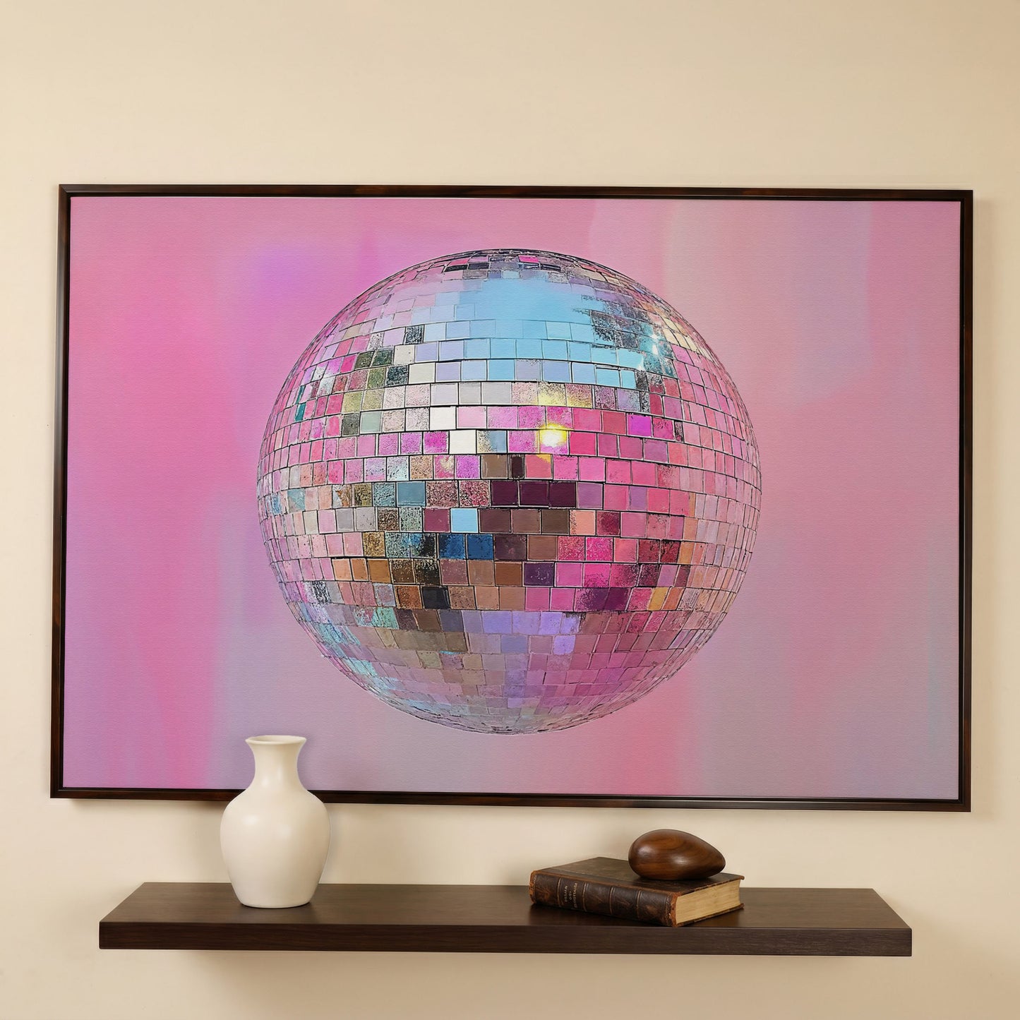 Pink Disco Ball Abstract Canvas in dark walnut floating frame