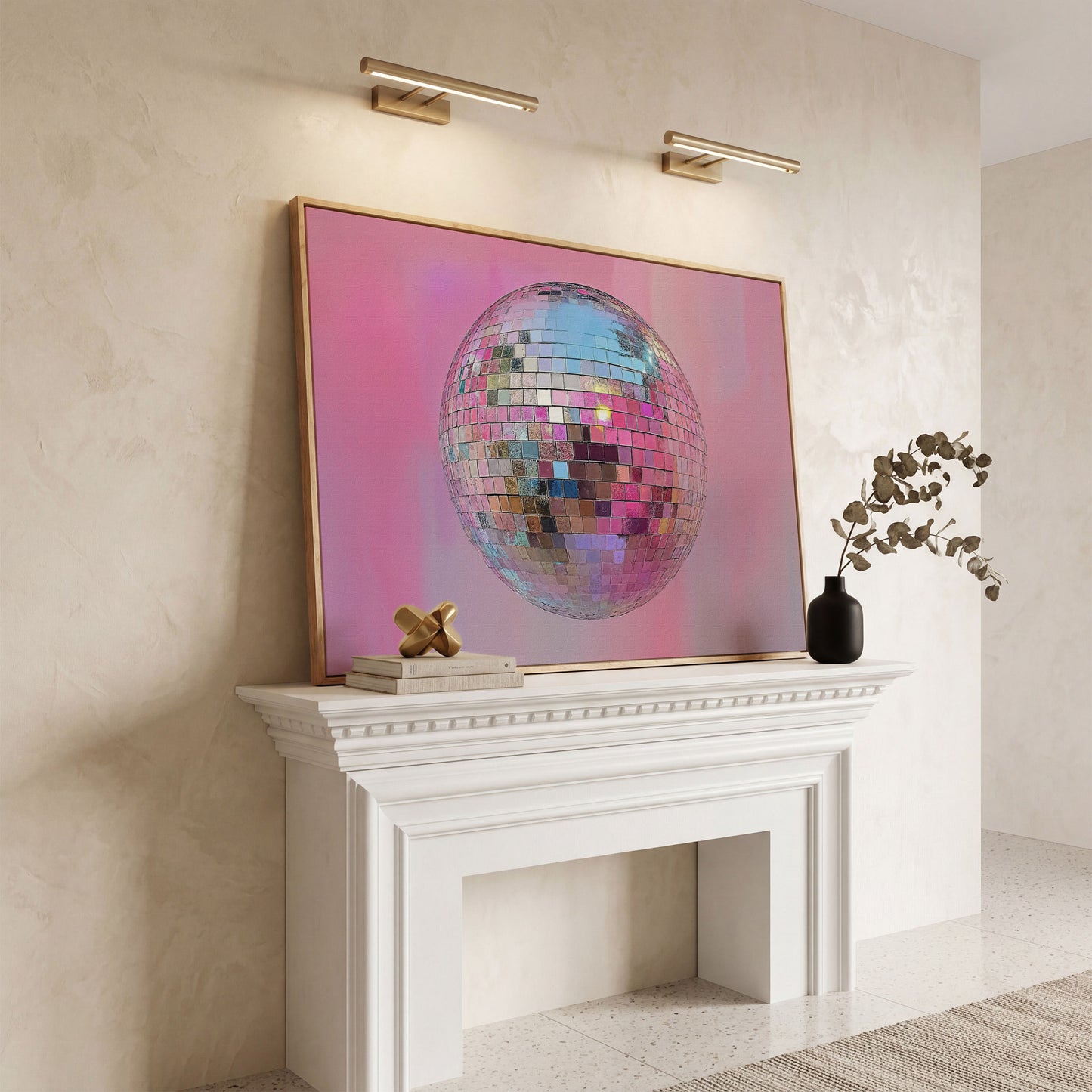 Pink Disco Ball Abstract Canvas in white oak floating frame