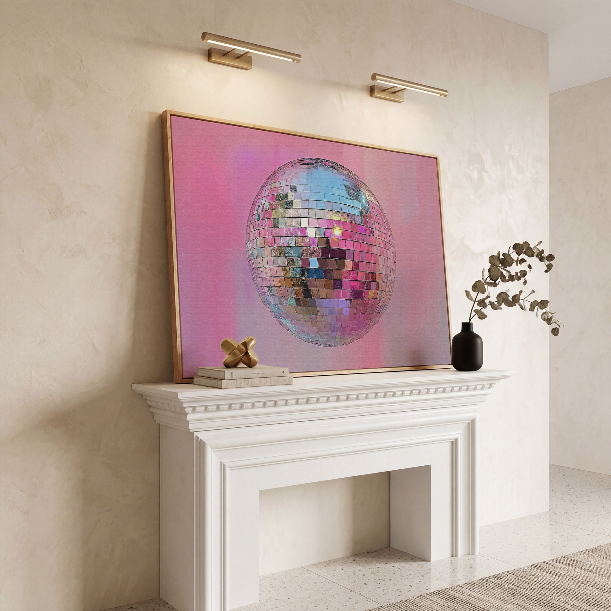 Pink Disco Ball Abstract Canvas in white oak floating frame